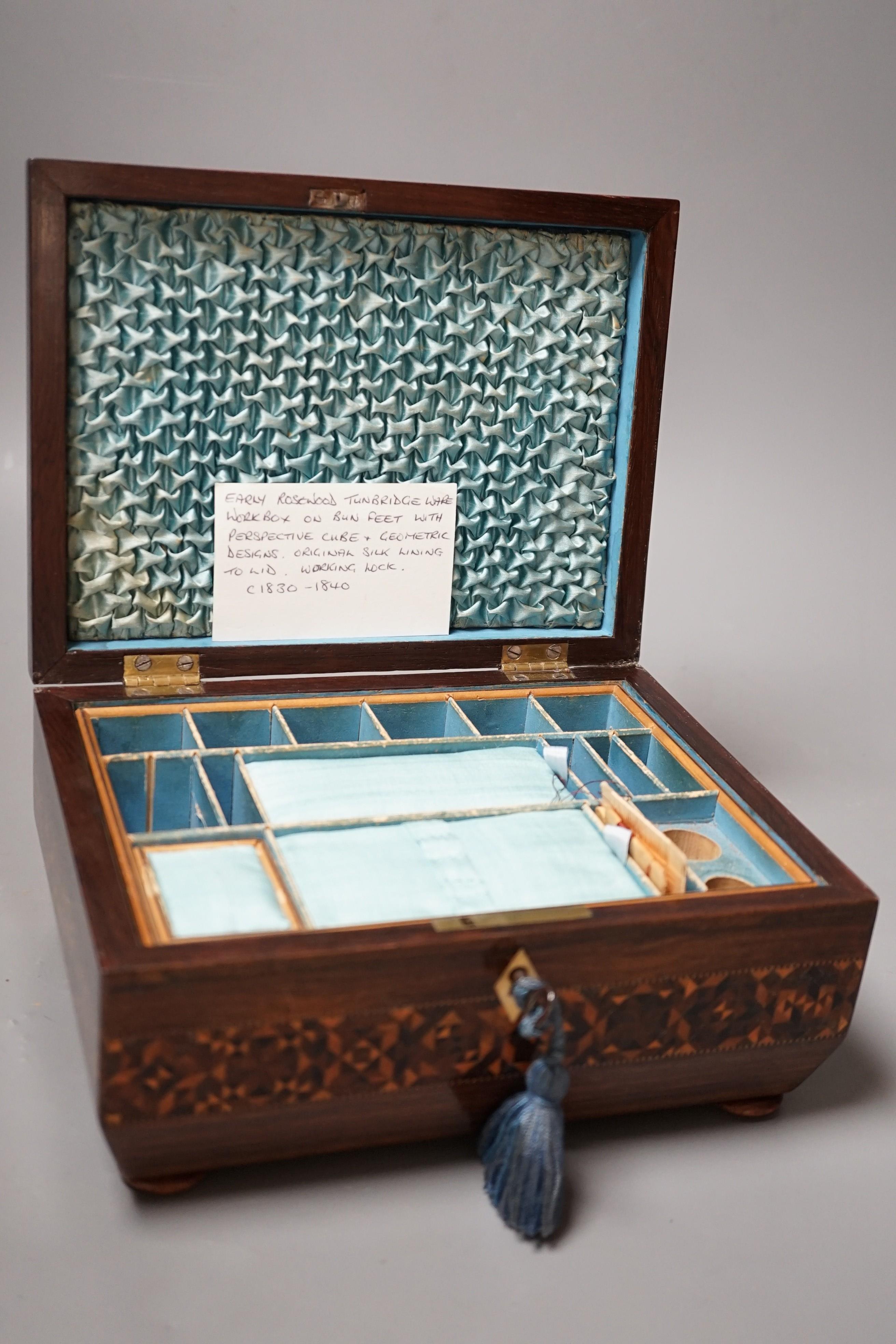 A Tunbridge ware rosewood perspective cube marquetry and half square mosaic sewing box, c.1830, 22cm wide